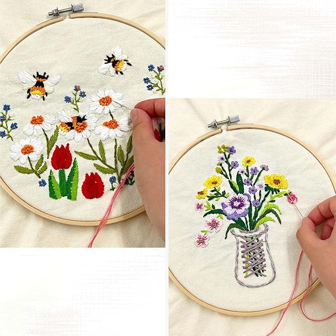 SNAIL GARDEN Double-Sided Embroidery Tote Bag Kit for Beginners, Reversible Floral and Bee & Vase Design, Complete Cross Stitch Supplies Included for Adults & Women