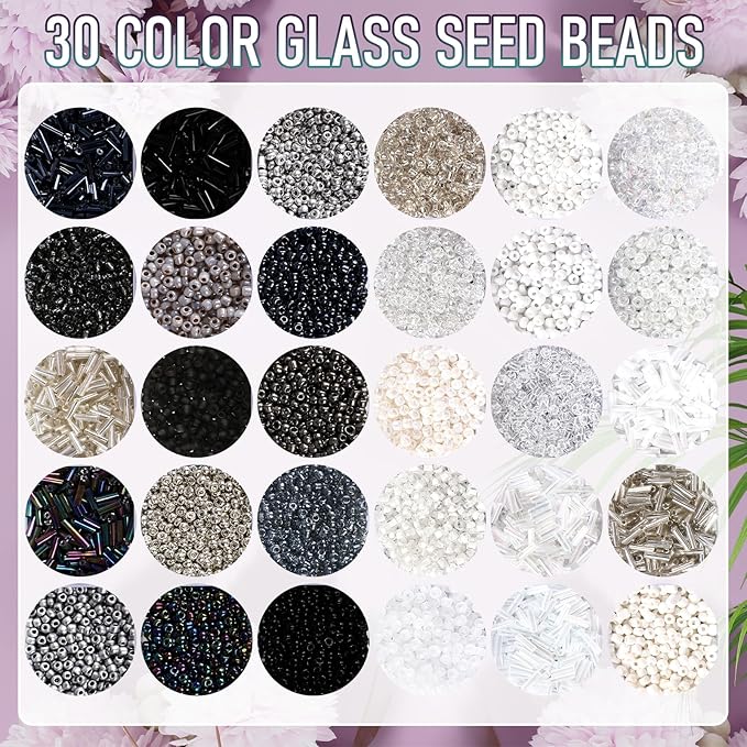 Misdary 30 Colors Glass Seed and Tube Bugle Beads Kit 2 Organizer Boxes Loose Beads for Jewelry Making DIY Crafts Bracelets and Necklaces(Black and White)