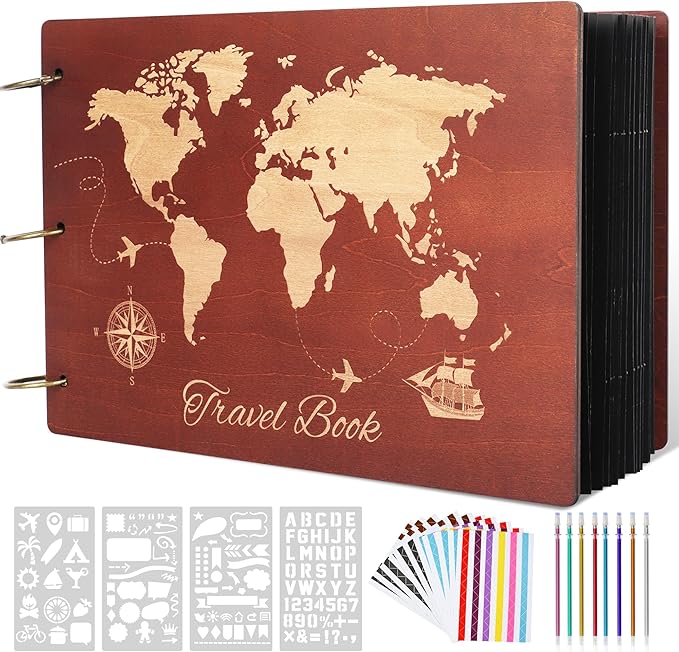 Giiffu Wooden Scrapbook Album for Travel Memories, DIY Photo Scrapbooking Book with Accessories, 100 Pages Personalized Adventure Memory Journal, Gift for Graduation, Birthday & Couples