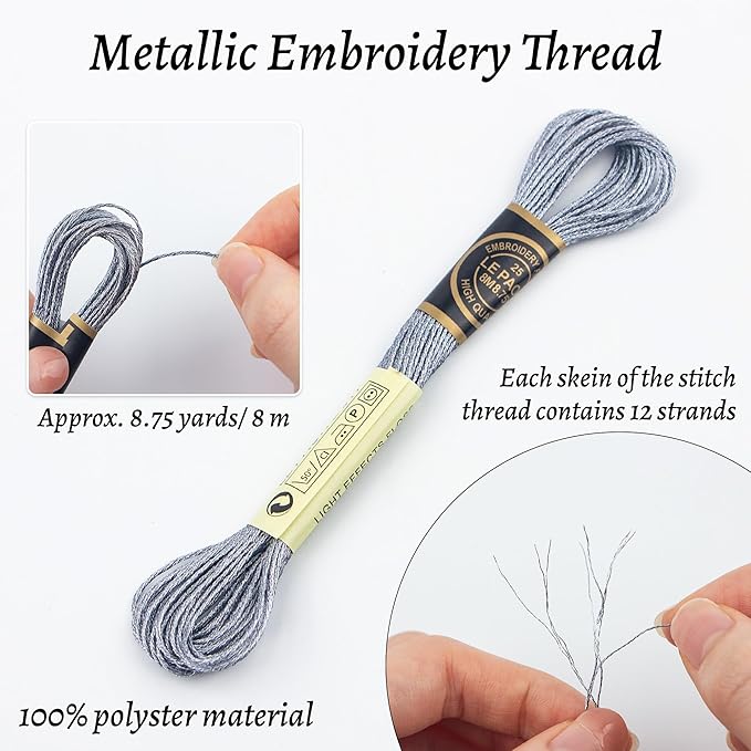 6 Skeins Embroidery Thread, Metallic Grey Embroidery Floss Friendship Bracelet String, Polyester Cross-Stitch Threads for Hand Embroidery, String Art