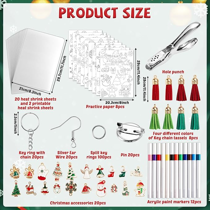 231Pcs Christmas Heat Shrink Plastic Sheet Kit Includes Shrinking Film Art Paper, Hole Punch, Keychains, Ear Hooks, Jump Rings, Tassels, DIY Heat Shrink Art Kit for Adults Creative Craft Marking