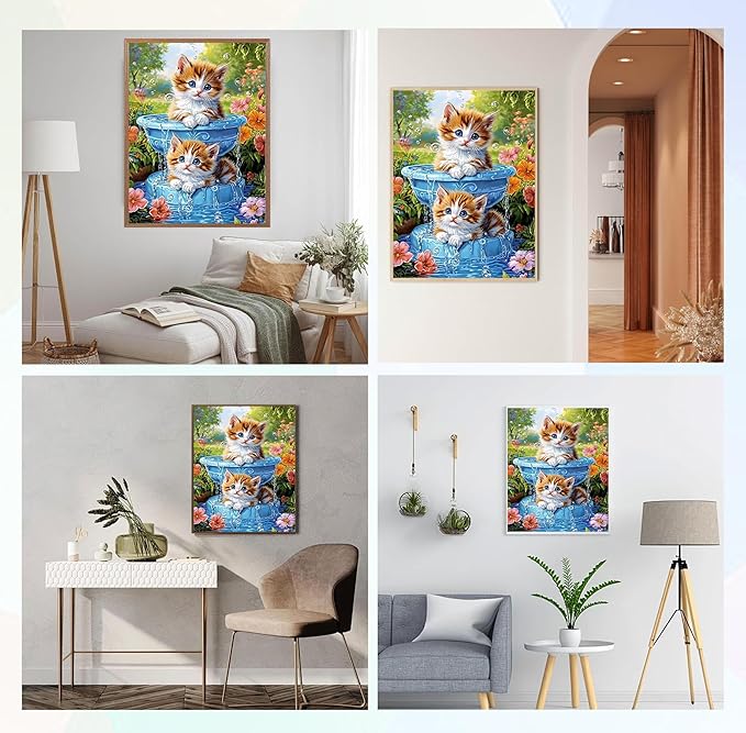 QENSPE Diamond Painting Cute Kitten Art Kits, DIY Full Drill Diamond Art for Adults, 5D Flower Round Diamond Dots Paintings Gem Crystal Crafts Home Wall Decor Gifts 30x40cm