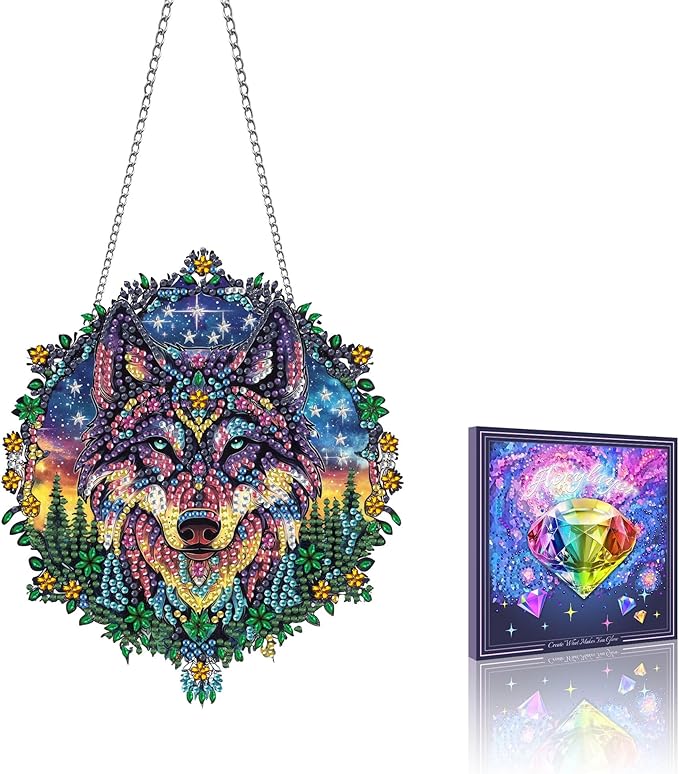 VAIIEYO Wolf Diamond Art Hanging Ornament, Animal Diamond Painting Suncatchers Window Hanging Kit with Chain, 7.5x7.5 inch Crystal Pendant Art Craft for Gift Home Wall Front Door Decoration