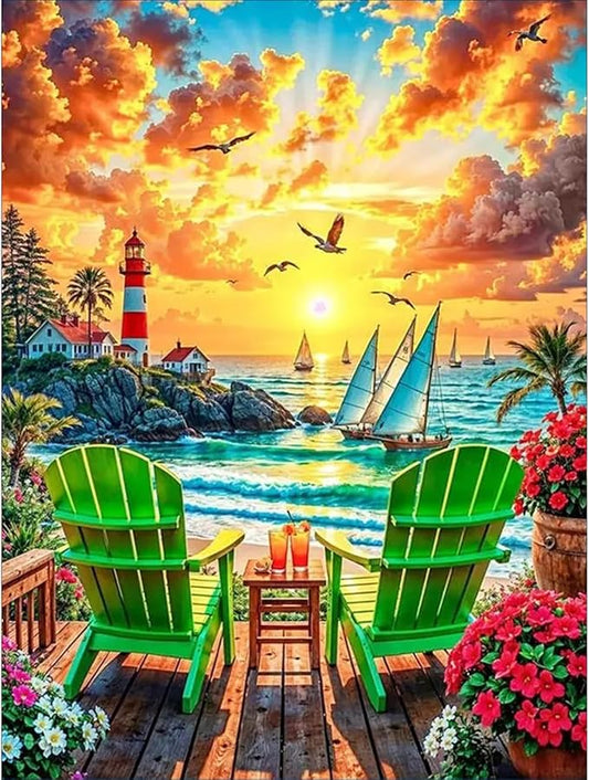 GEEHEIY Sunset Diamond Art Kits for Adults, 5D Beach Diamond Painting Kits for Beginner, DIY Full Drill Round Gem Art for Home Wall Decor 12 x16 Inch