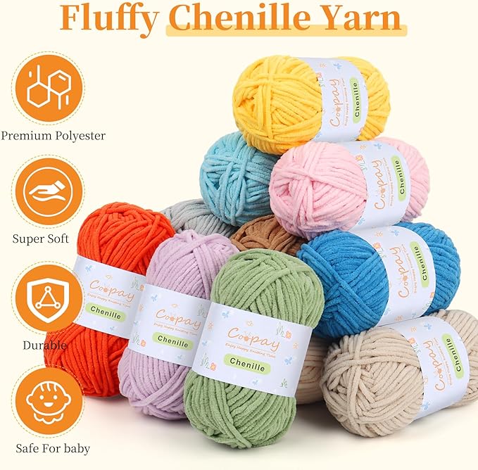 Coopay Chenille Yarn for Crocheting, 8 Pack Medium Weight Yarn - CYC #4 - Total 520yd, Soft Crochet Yarns for Plush Toys, Blankets, Scarves (Green)