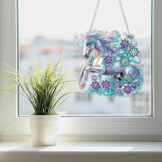 SENQAO Horse Hanging Diamond Art Painting Kits for Adults Beginners, 5D Special Shape Diamond Art Kits, Horse Flower Crystal Rhinestones Diamond Gem Art Painting for Home Garden Wall Decor
