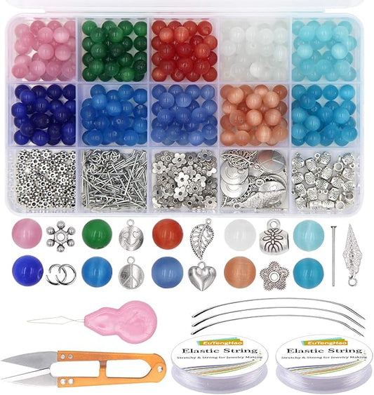EuTengHao 488Pcs Cat Eye Glass Beads Set Natural Gemstone Round Loose Stone Beads with Pendant Accessories Open Jump Ring Spacer Beads Bracelet String for Bracelet Necklaces Crafting Earrings Jewelry