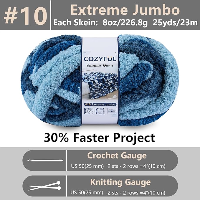 Chunky Yarn for Hand Knitting - #10 Chunky Chenille Blanket Yarn, Jumbo Big Thick Chunky Yarns for Crocheting, Tie Dye Bulky Knit Yarns, 8 Skein (25 yds 8 oz Each Skein), Navy & Multi Blue
