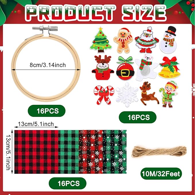 FEBSNOW 12 Pieces Christmas Embroidery Ornament Kit, Including 3 Inch Embroidery Hoops, Self Adhesive Christmas Patches and 5 Inch Squares Plaid Fabric for DIY Holiday Xmas Party Decoration