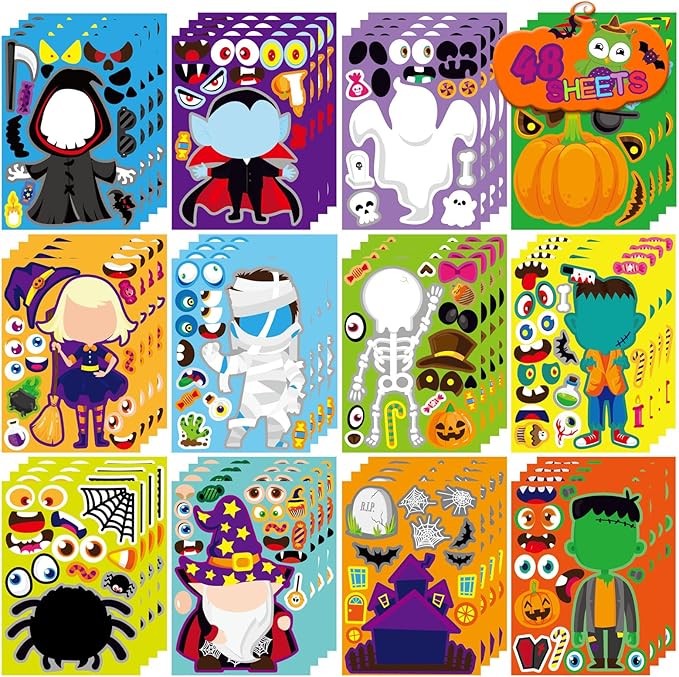 48 pcs halloween make-a-face stickers halloween characters stickers for kids make your own mix and match sticker diy crafts decorating toy sticker trick or treat party game activities