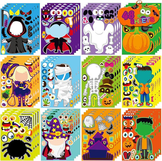 48 pcs halloween make-a-face stickers halloween characters stickers for kids make your own mix and match sticker diy crafts decorating toy sticker trick or treat party game activities