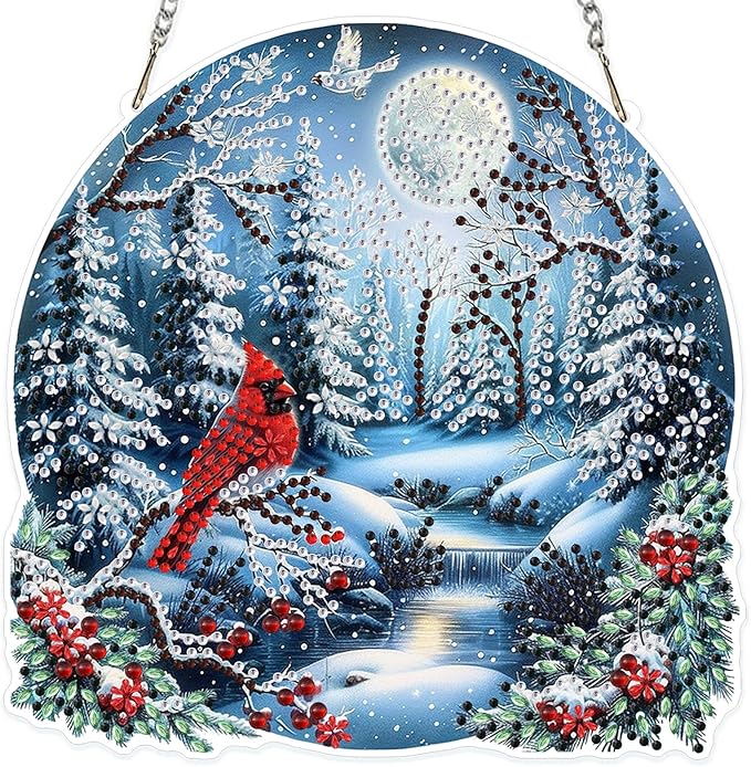 MOGTAA Christmas Diamond Art Hanging Kits for Adults Kids, Christmas Cardinal Diamond Art Suncatchers, 5D Special Shape Winter Diamond Painting Window Pendant Kit for Home Garden Wall Decor