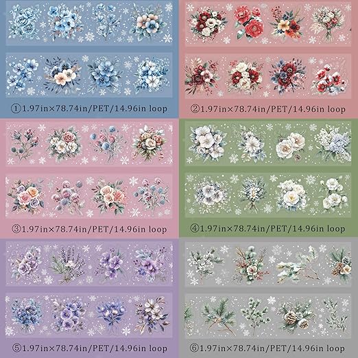 Winter PET Tape Stickers for Journaling Supplies, 6 Rolls Flower Snowflakes Scrapbook Stickers for Scrapbooking, Junk Journal Supplies, DIY Crafts, Plannner (Blossom)