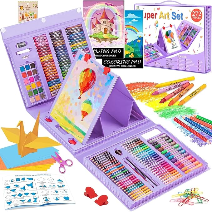 Art Supplies, 272 Pack Art Set Drawing Kit for Girls Boys Teens Artist, Deluxe Gift Art Box with Trifold Easel, Origami Paper, Coloring Pad, Drawing Pad, Pastels, Crayons, Pencils, Watercolors(Purple)
