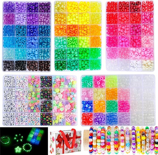 SJZWSD 5 Boxes Bracelet Making Kit Pony Beads, 6x9mm Kandi Rave & Hair Beads Set with UV Color Changing, Glow-in-Dark, Chrome & Alphabet Letters for Friendship Jewelry DIY Crafts