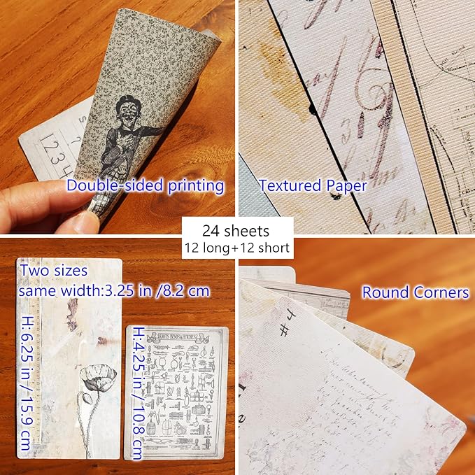 Decoupage Paper for Junk Journal TN Traveler's Notebook by CATaireen Double-Sided Vintage Scrapbook Supplies Linen Paper Bookmark Tag Art Bullet Ephemera Cards Kit 24 Sheets