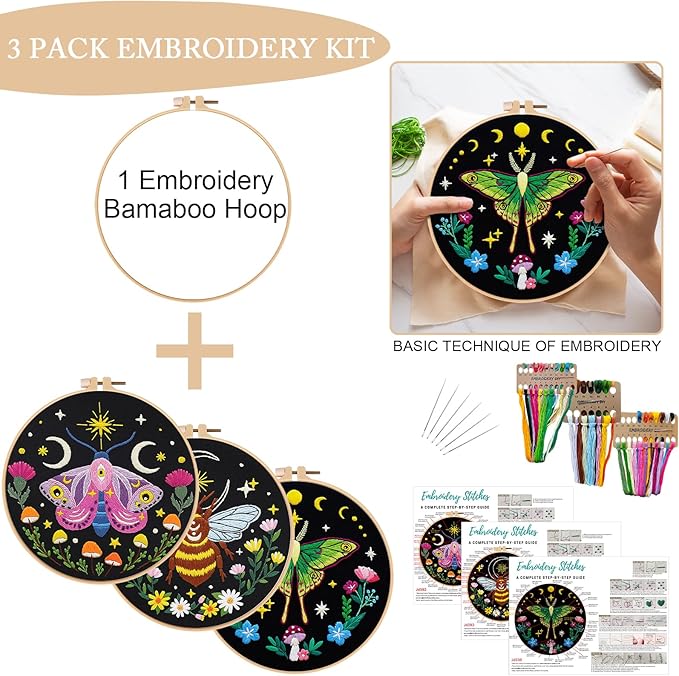 Nuberlic 3 Pack Embroidery Kit for Adults Beginners, Stamped Cross Stitch Moth and Bee Patterns with Hoop, Thread, Needles & Step-by-Step Guide Easy DIY Starter Kit