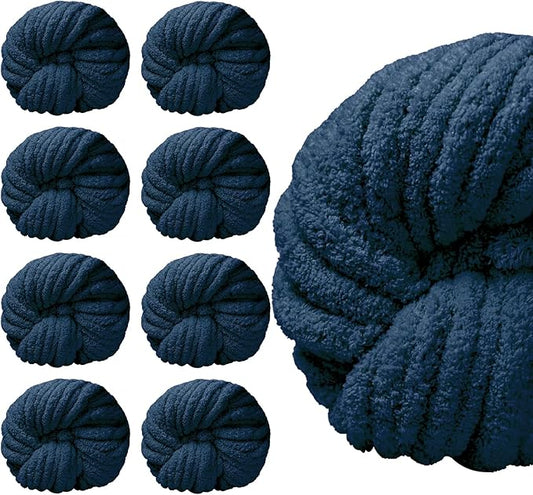 SUNTQ 8 Pack Chunky Chenille Yarn for Crocheting, Hand Knitting Blanket, Pet Bed,Home Decor,Dark Blue(32 yds,8.8 oz Each Skein)