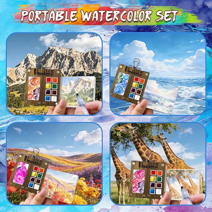 Mini Watercolor Paint Set, Travel Paint kit, Pocket Watercolor Set with Paint, Brush, Sketchbook & Copper Clip for Beginners, Artists & Painting Lovers