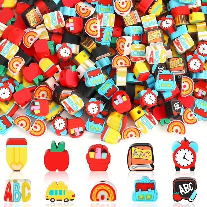 AUGSHY 300 PCS Back to School Clay Beads, Polymer Clay Beads Teacher Beads for Bracelet Necklace Making Teacher Appreciation Gifts DIY Jewelry Craft Kits Classroom Activities