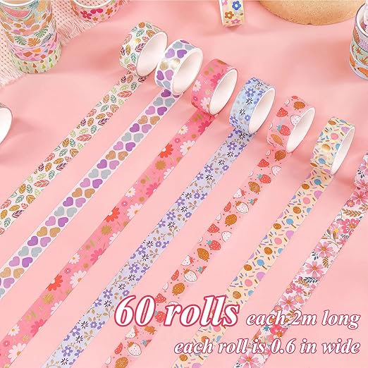 60 Rolls Washi Tape Set, 15 mm Gold Foil Cute Pattern Floral Decorative for Journaling Supplies