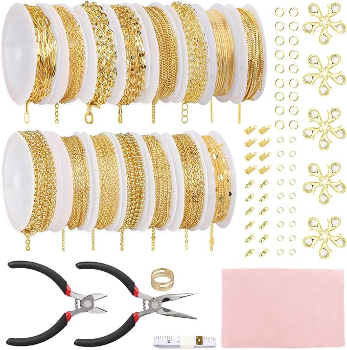 Fesorsi Gold Chain for Jewelry Making, 115ft 15 Style Steel Jewelry Chain, Electroplating Process, for DIY Necklace Chains, Tassel Pendants, with Jump Ring, Lobster Clasp, Pliers