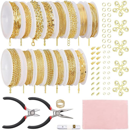 Fesorsi Gold Chain for Jewelry Making, 115ft 15 Style Steel Jewelry Chain, Electroplating Process, for DIY Necklace Chains, Tassel Pendants, with Jump Ring, Lobster Clasp, Pliers