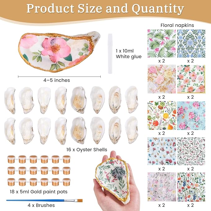 APUDWN 16 Set Natural Oyster Shells for Crafts 4-5 Inch Flat Oyster Shell Kits Drilled Includes Floral Chinoiserie Decoupage Napkins Glue Paints Twine Brushs for DIY Arts Hanging Ornaments