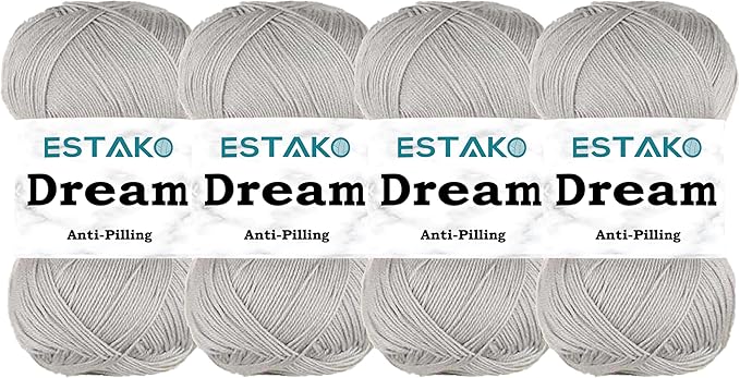 Estako Dream, (4 Skeins Pack) 100% Microfiber Acrylic Yarn, Soft, Super Fino/Fingering Weight (1) for Crochet and Knitting (4 x 3.5 Oz) / (4 x 382 Yrds) (70997 - Grey)