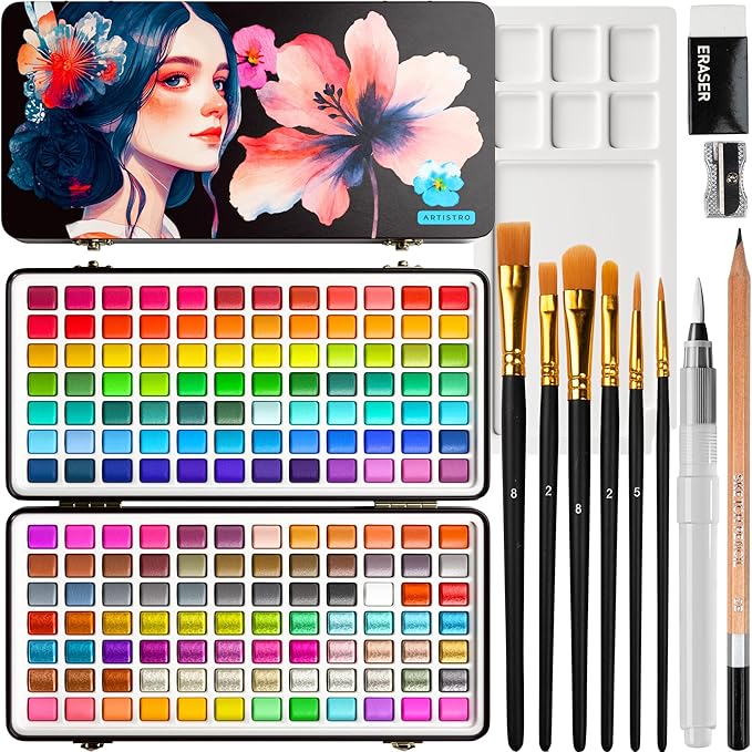ARTISTRO 168 Color Watercolor Paint Set - Portable Paint Art Kit with Palette and Brush Pens - Travel Water Color Set for Adults, Professionals, Kids - Art and Painting Supplies - Gift Idea
