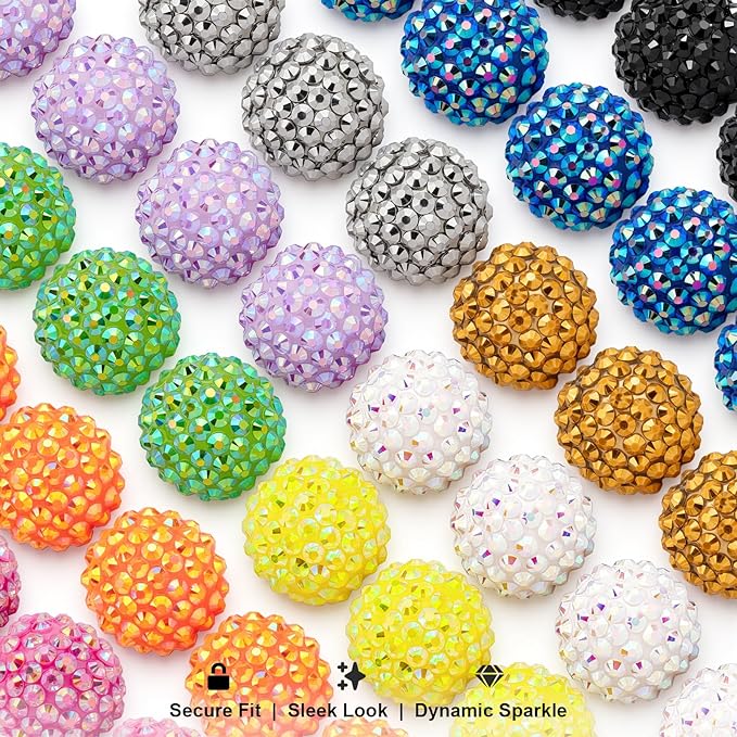50Pcs 20mm Resin Rhinestone Beads for Pens, Round Sparkly Disco Ball Chunky Bubblegum Beads Bulk for DIY Beadable Pens Keychain Necklace Bracelet Jewelry Making (10 Colors)