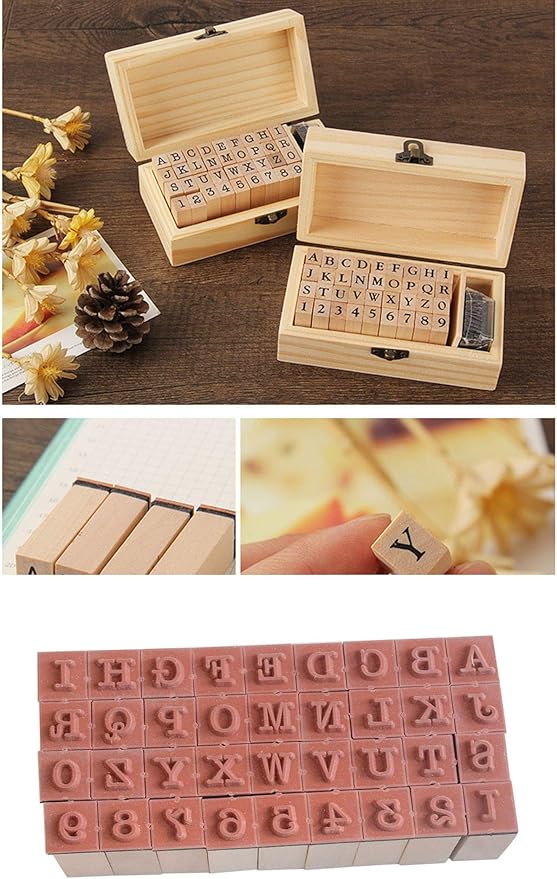 Pack of 36 Pcs Small Wooden Rubber Stamps 0.2 Inch of Letter and Number for DIY Craft Card and Photo Album (B)