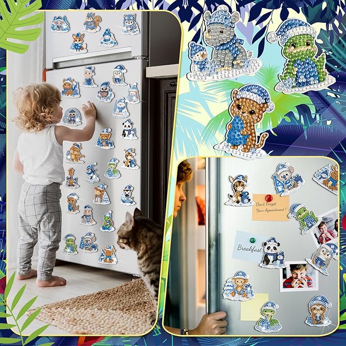 Xuhal 30 Pcs Winter Diamond Painting Magnets Winter Animal Diamond Art Kits for Adults 5d Rhinestone Blue Snowflake Christmas Animal Refrigerator Magnetic Sticker for DIY Craft Fridge