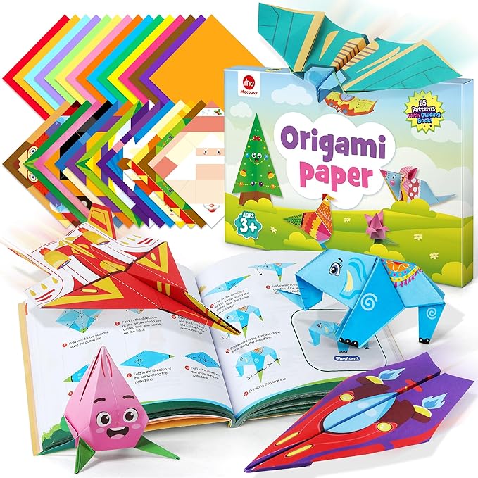 Mocoosy 320 Sheets Origami Kit for Kids Ages 5-8 9-12, Paper Airplane Kit, Folding Paper Set with Origami Book, Art & Craft for Boys Girls, Travel Game Airplane Car Road Trip Activity Toy Easter Gifts