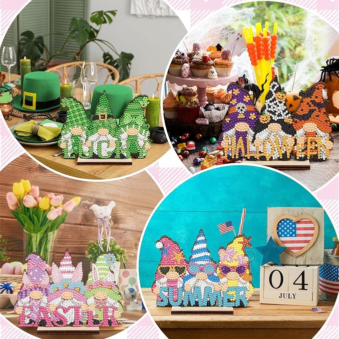 YooNotee 12 Sets Interchangeable Seasonal Diamond Art Tabletop Decorations Holiday Diamond Art Painting Kit with 12 Wood Base for Table Tiered Tray Decor Craft Graduation Centerpiece (Gnome)