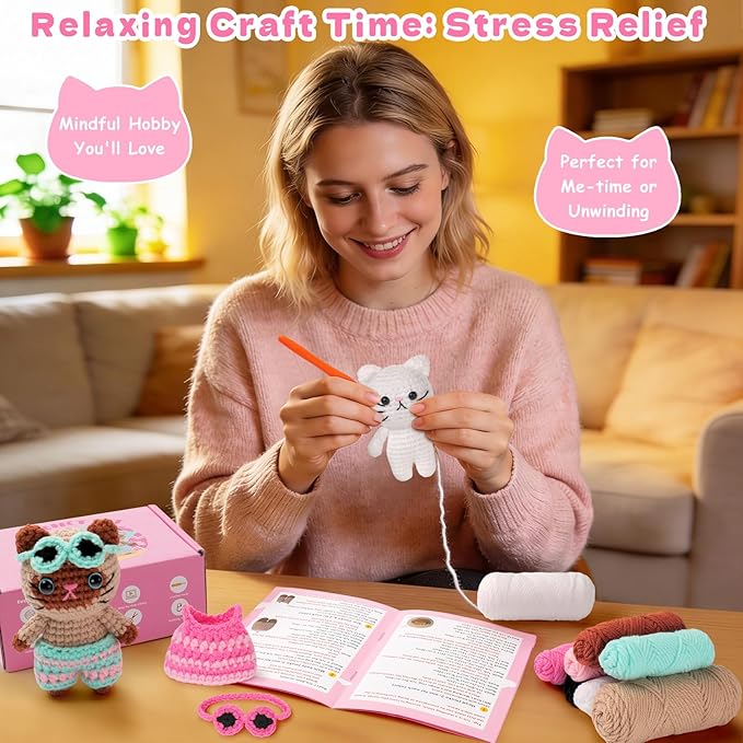Fortuning's JDS Crochet Kit for Beginners, Couple Cat Crochet Kit for Beginners Adults Kids, Crochet Cat Kit with Step-by-Step Video Tutorials, Creative Handmade Crochet Gifts for Cat Lovers