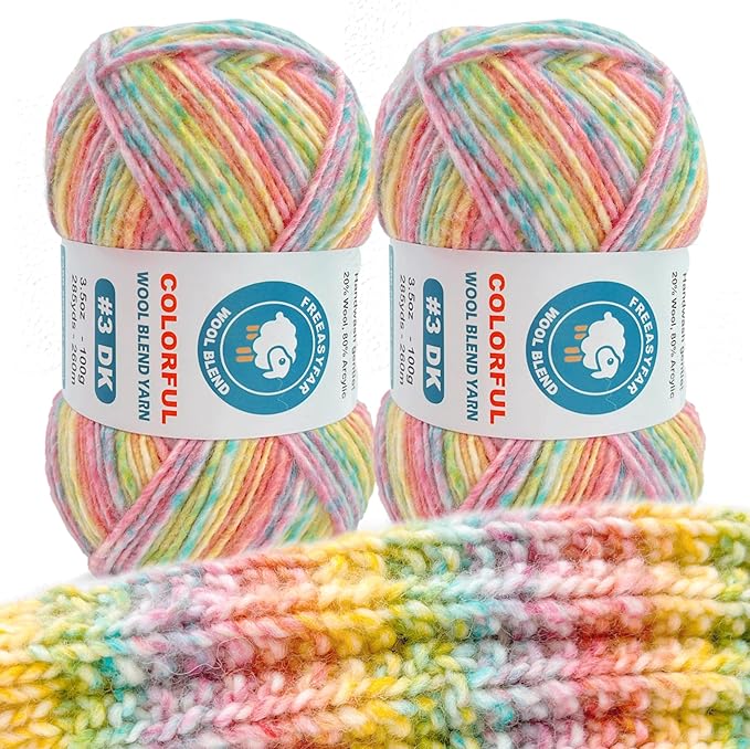 2 Pack Wool Blend Yarn, 2x3.5oz / 285yds, #3 DK, 20% Wool 80% Acrylic, Variegated, Single-Ply Soft Crochet & Knitting Wool Yarn for Sweaters, Scarves, Hats (Rainbow)