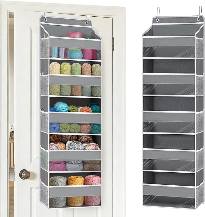 Hanging Yarn Storage Organizer, Large Capacity Knitting Organizer Storage & 5 Mesh Side Pockets, Over the Door Organizer for Crochet Accessories & Knitting Supplies,Gray