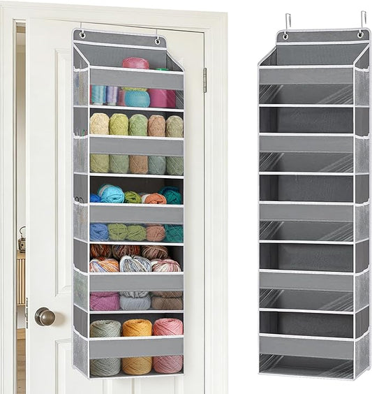 Hanging Yarn Storage Organizer, Large Capacity Knitting Organizer Storage & 5 Mesh Side Pockets, Over the Door Organizer for Crochet Accessories & Knitting Supplies,Gray
