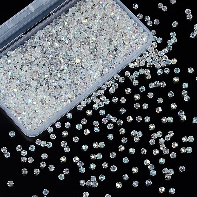 laopottbeads 1100pcs 4mm bicone crystal glass beads for jewelry making, sparkling mini beads for suncatchers, diy bracelets & craft projects (ab white)
