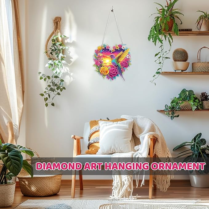 MEIYUDA Valentine's Day Diamond Art Hanging Kits for Adult, Flowers Hummingbird Diamond Painting Kits Ornaments, DIY Love Special Shaped Rhinestone Window Pendant kit for Home Garden Wall Decor Gift