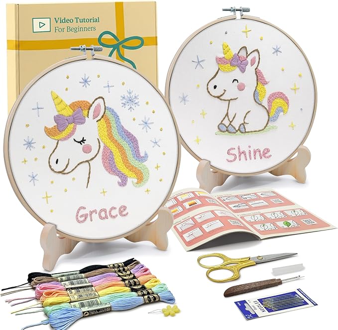bradove embroidery kit for kids and adults, unicorns embroidery kit for beginners, easy needlepoint starter kit with 2 display stands