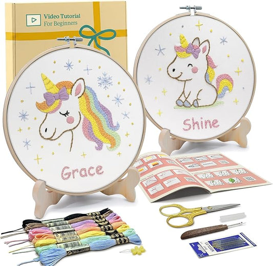 bradove embroidery kit for kids and adults, unicorns embroidery kit for beginners, easy needlepoint starter kit with 2 display stands