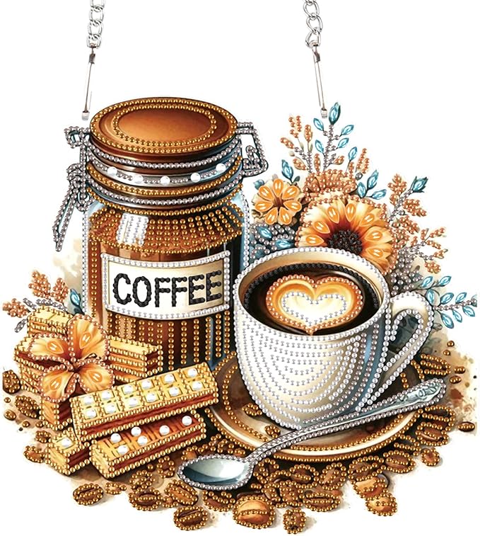 Diamond Art Painting Pendant Kits with Hanging Chain 5D Diamond Art Hanging Kit DIY Diamond Crystal Window Door Hanging Pendant Kit for Adults Gift Wall Home Christmas Decoration 25.2x23.3 cm, Coffee