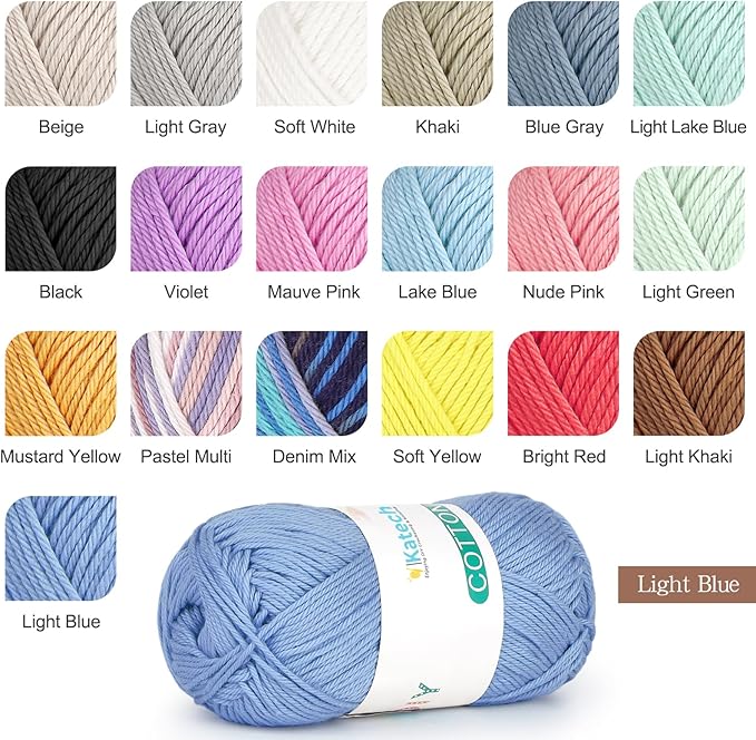 Katech Pure Cotton Yarn for Crocheting & Knitting–Soft Sport Weight CYC #2, 6 Skeins (50g Each, 300g Total), Ideal Crochet Yarn for Dishcloths, Baby Clothes, Socks, Lightweight Scarves（Light Blue）