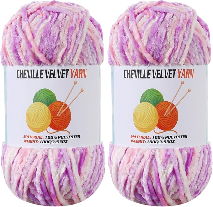 2 * 100g Velvet Chenille Chunky Yarn, Handcrafts Weaving Soft Chenille for Crocheting Clearance, Used for Making Baby Yarn Blanket, Clothes, Knitting Creations (Pastel Purple)