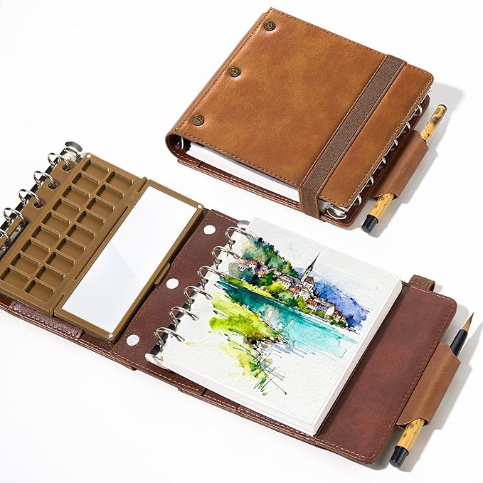 Portable Watercolor Sketchbook Set - 100% Cotton Cold Press 5.1x4.3 Inch 20Sheets Binder Art Journal with 18-Well Ceramic Paint Palette & Travel Watercolor Brushes for Artists Outdoor Painting