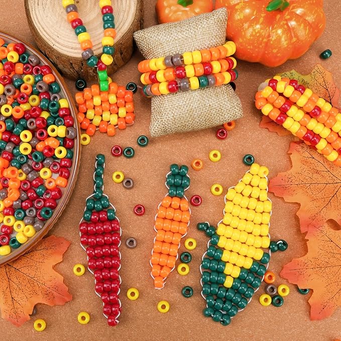 1000PCS Fall Pony Beads Bulk – 6x9mm Green Red Orange Yellow Brown Kandi Beads for Bracelets, Jewelry Making, Hair Braids, DIY Crafts & Thanksgiving Decorations