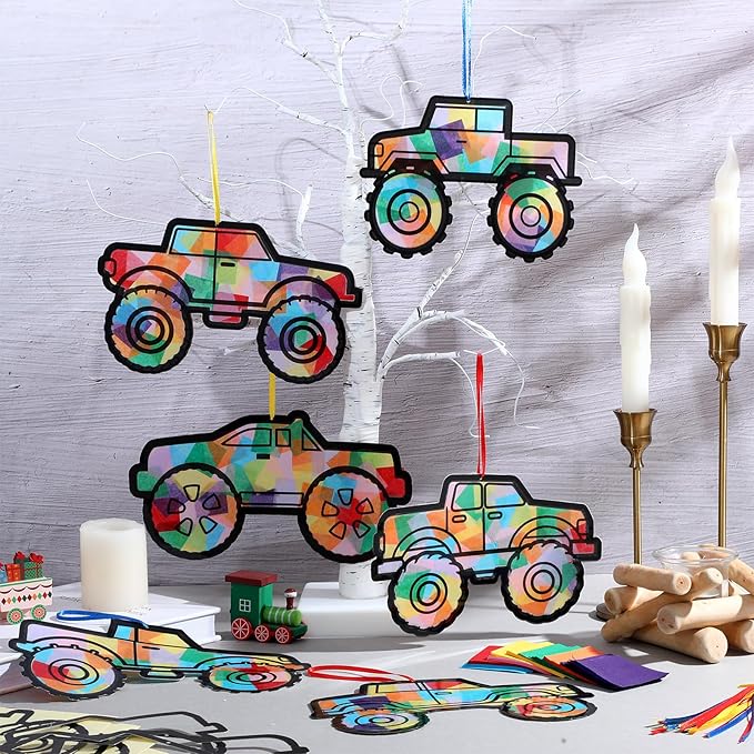 30 Pcs Monster Truck Christmas Ornaments DIY Monster Truck Suncatchers Paper Craft Set Stained Glass Effect Tissue Paper Kits Gift Bulk for Xmas Activities Art Party Decor