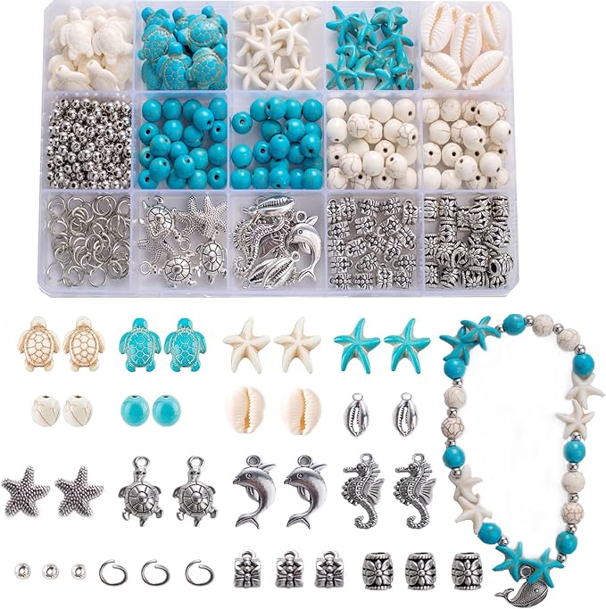 325Pcs Turquoise Sea Turtle Beads Blue and White Starfish Beads Tortoise Turtle Charms Summer Ocean Animal Spacer Bead Shell Bead for Jewelry Making DIY Bracelet Necklace Supplies(Box)